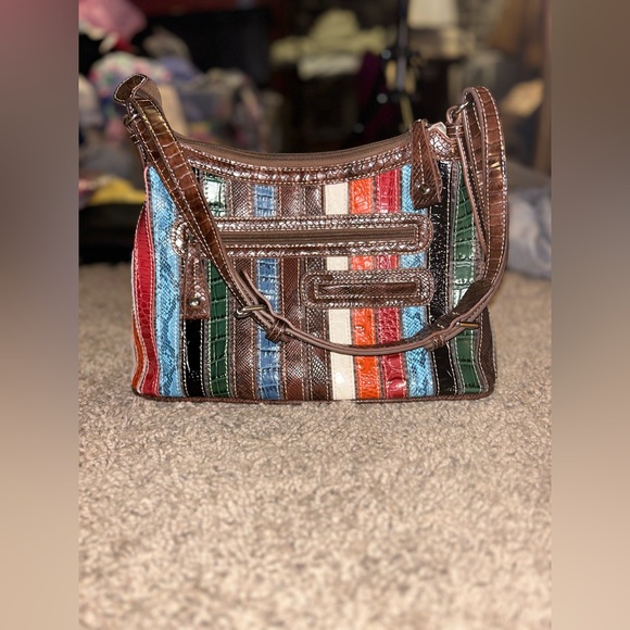 MC Colorful Striped Leather Purse Handbag Crocodile Inspired Zippers Pockets - Picture 1 of 3